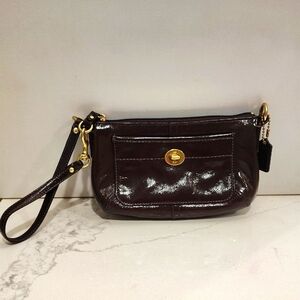 Coach Brown Patent Leather Brass Turn Lock Wristlet Clutch Wallet Pouch Charm